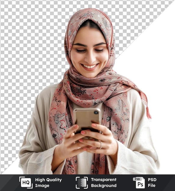 Objeto transparente mujer sonriente sosteniendo un teléfono celular usando una bufanda rosa y un anillo de plata con el ojo cerrado y la mano visible