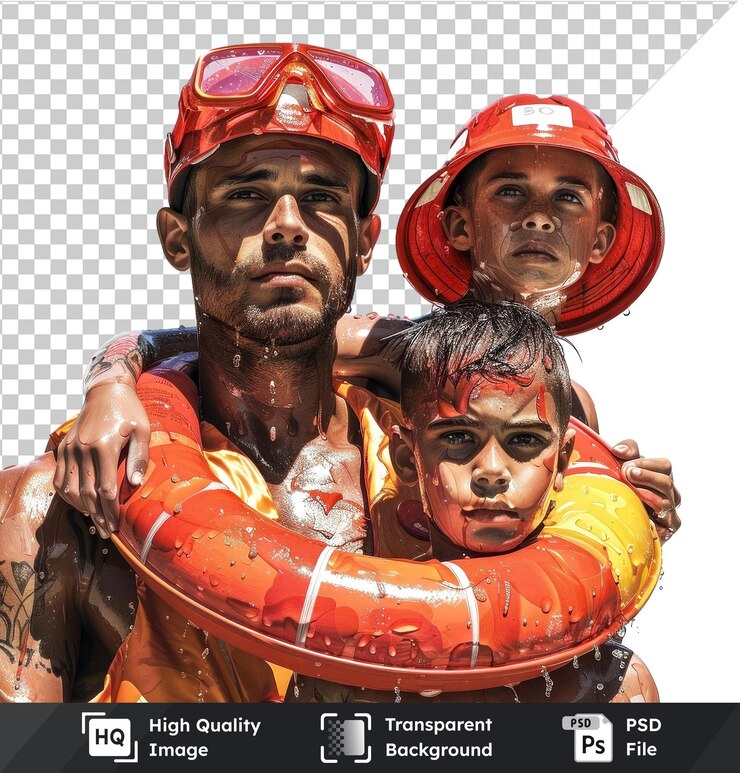 PSD el objeto transparente presenta a un socorrista y un niño hombre con sombrero rojo con cabello negro prominente nariz abierta