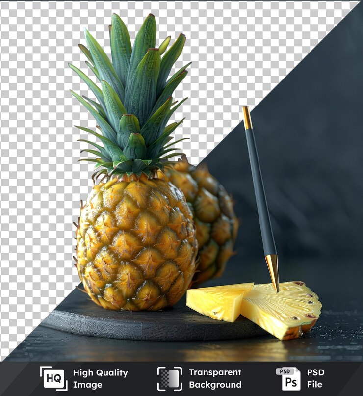 PSD objeto transparente que muestra una maqueta de piña madura fresca en una mesa negra con reflejo