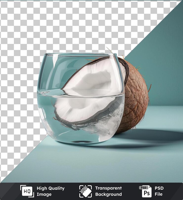 PSD objeto transparente refrescante agua de coco en un vaso en una mesa azul contra una pared azul claro y azul proyectando una sombra oscura