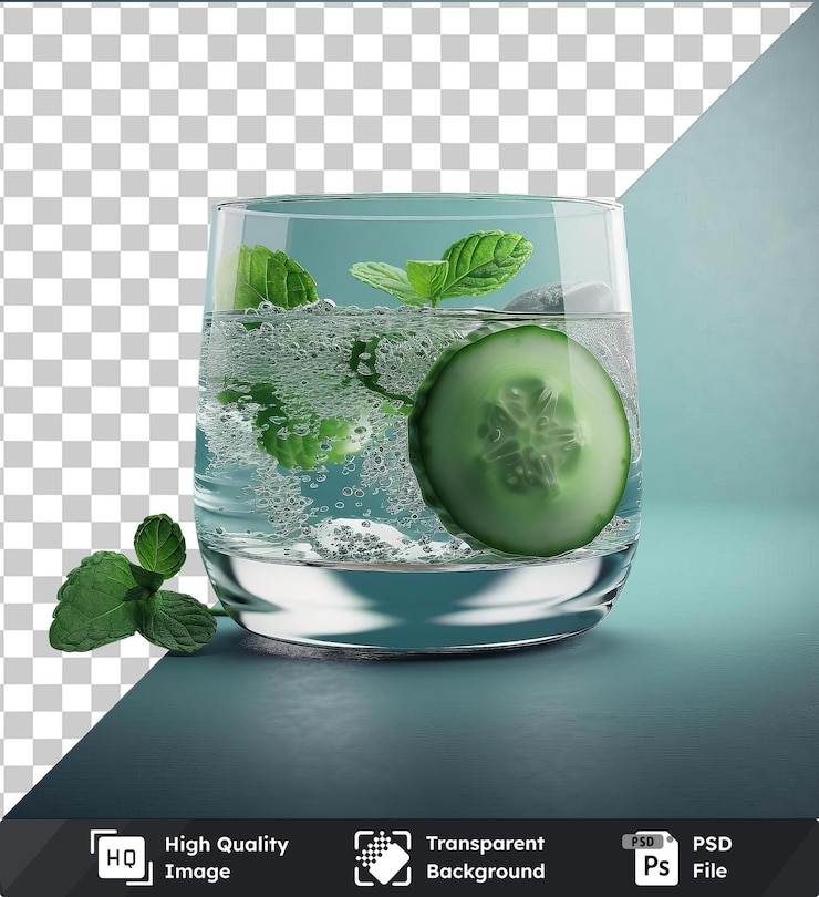PSD objeto transparente refrescante agua de menta de pepino en un vaso en una mesa azul contra una pared azul