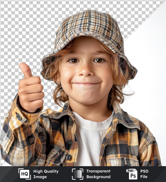 Objeto transparente retrato de estudio de un niño lindo el niño muestra su pulgar hacia arriba con un sombrero a cuadros y una camisa blanca con cabello marrón una nariz pequeña y ojos marrones