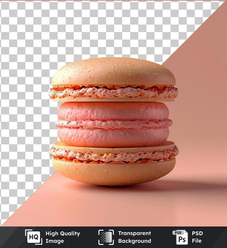 PSD objeto transparente sándwiches de macarrón deliciosos apilados uno encima del otro con una rosquilla blanca en primer plano y una sombra oscura en el fondo