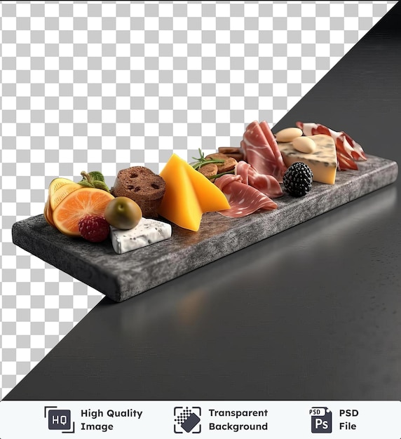 PSD objeto transparente tablero de charcutería gourmet con fruta de queso y galletas en una mesa negra acompañado de una morera negra