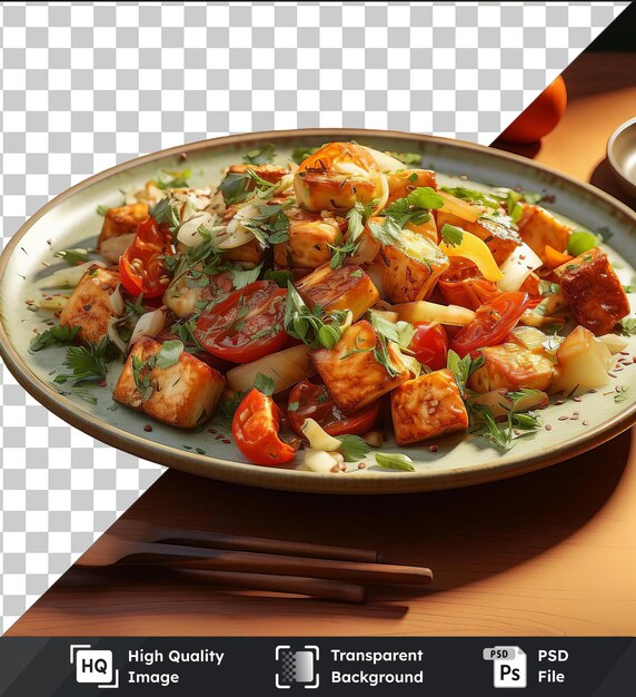 PSD objeto transparente tofu picante frito com tomates e cebolas em uma mesa de madeira acompanhado por um garfo de prata e uma pequena tigela branca com uma sombra escura no fundo