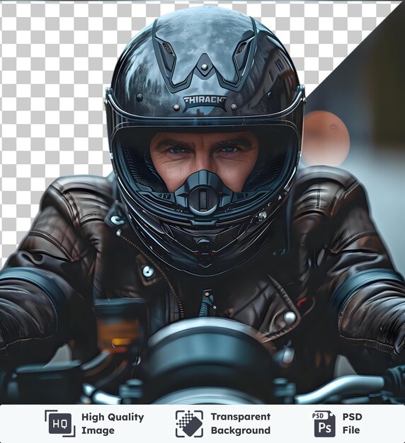 Objeto transparente um homem vestindo um capacete e dirigindo uma motocicleta com um olho castanho e rosto preto visível e um botão de prata no fundo