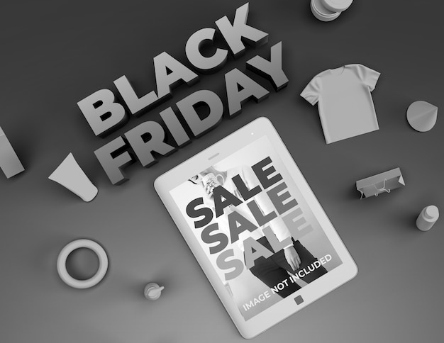 PSD objetos 3d e tablet para black friday