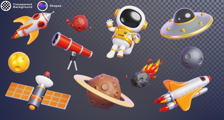 PSD objetos espaciales 3d renderizado conjunto de iconos astronautas planetas cohetes alienígenas ufo naves espaciales telescopio satélite y meteorito con fuego en el fondo del cielo nocturno elementos cósmicos de dibujos animados aislados
