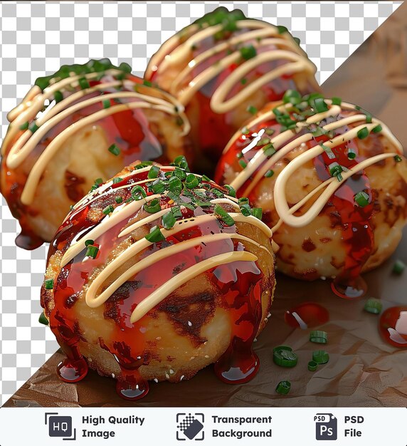 Objetos transparentes bolas de takoyaki cobertas de molho e salpicadas em um prato de papel