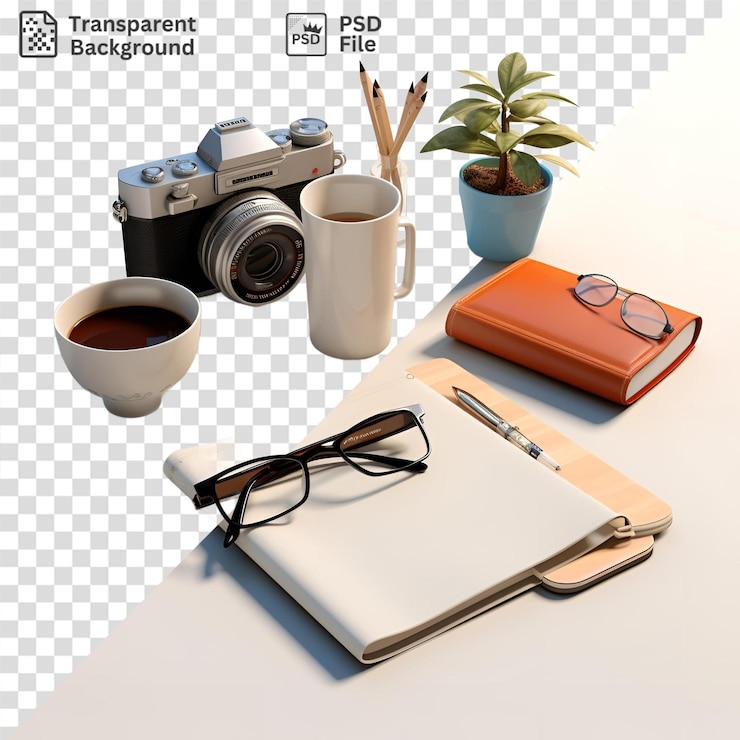 PSD objetos transparentes, incluidos un bolígrafo de portátil de cámara y gafas, se sientan en un fondo aislado junto a una planta en maceta y una olla azul un par de gafas negras descansa en la mesa mientras