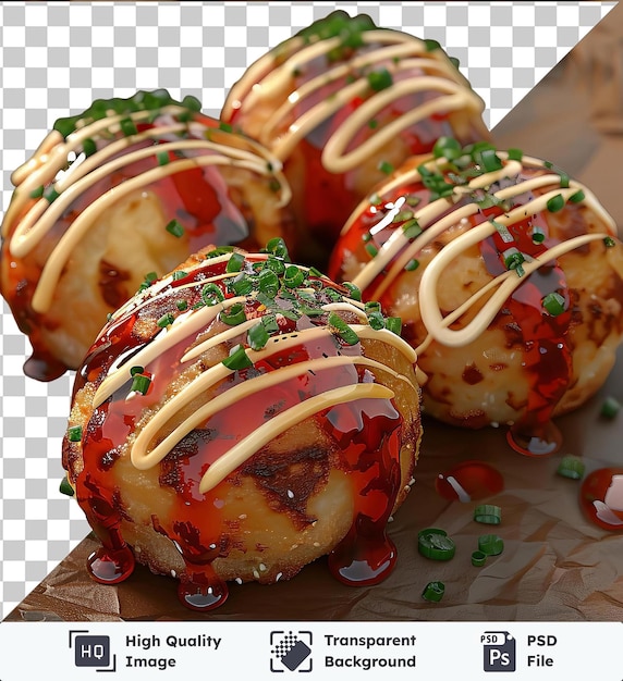 PSD objets transparents boules de takoyaki recouvertes de sauce et saupoudrées sur une plaque de papier