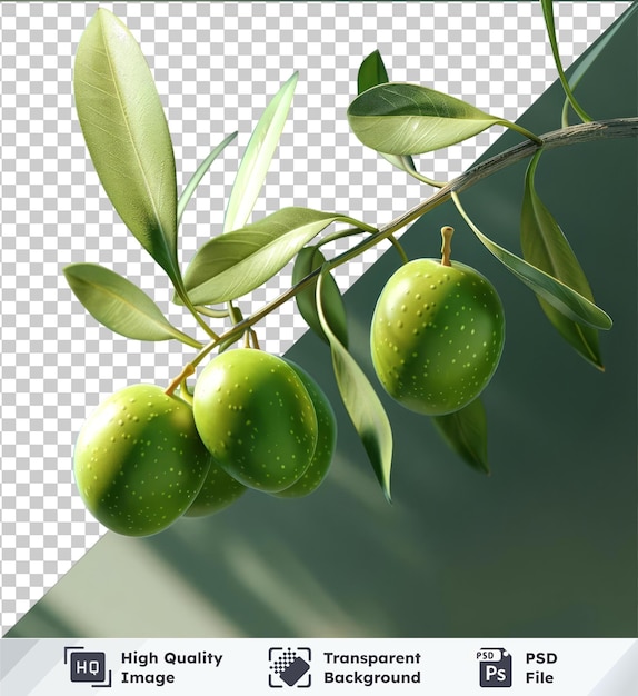 PSD objets transparents d'olives suspendus à une branche ornée de feuilles vertes luxuriantes