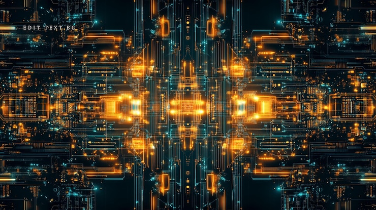 PSD obra de arte digital simétrica abstracta con circuitos de color naranja y azul azul brillante