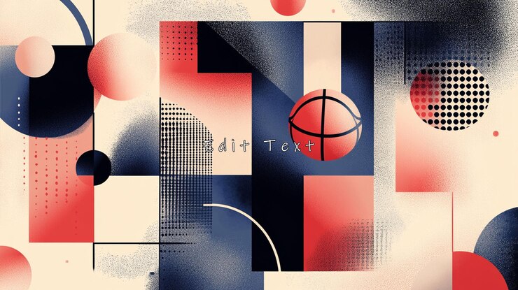 PSD obra de arte geométrica abstracta con una pelota de baloncesto dentro de formas rojas y azules