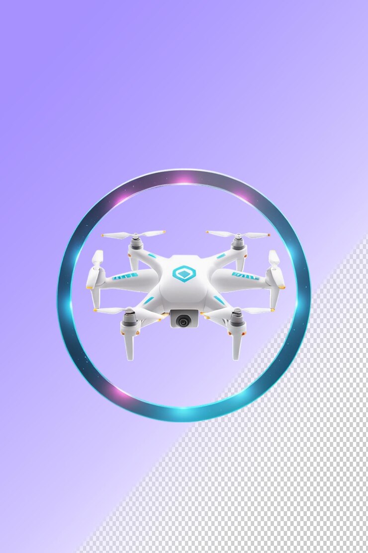 obrázek bílého dronu s modrým kruhem na spodní straně