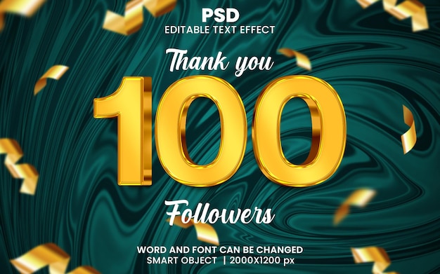 Obrigado 100k seguidores luxo 3d efeito de texto editável psd premium com fundo
