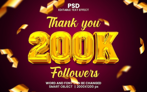 PSD obrigado 200k seguidores luxo 3d efeito de texto editável psd premium com fundo