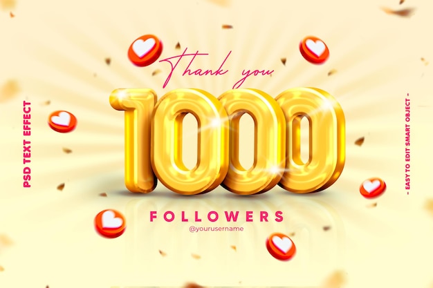 Obrigado em 1000 banner de mídia social para amigos e seguidores com efeito de texto