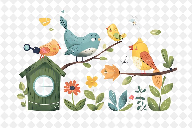 PSD observar aves de primavera con personajes observando aves diseño festival png ilustración de arte plano 2d