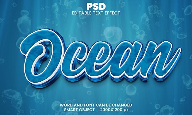 Ocean 3d bearbeitbarer Texteffekt Premium Psd mit Hintergrund