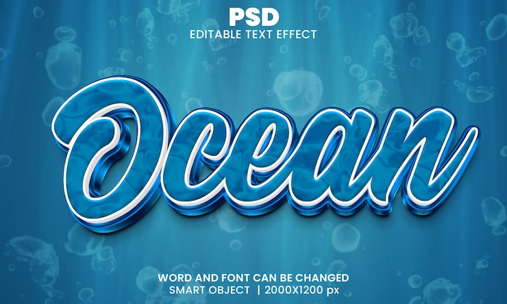 PSD ocean 3d editable text effect premium psd with background