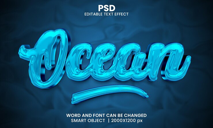 PSD ocean blue color 3d editable text effect premium psd with background