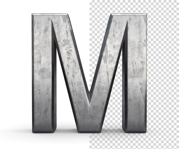 Ocelové písmeno M se skvrnami, 3D vykreslení.