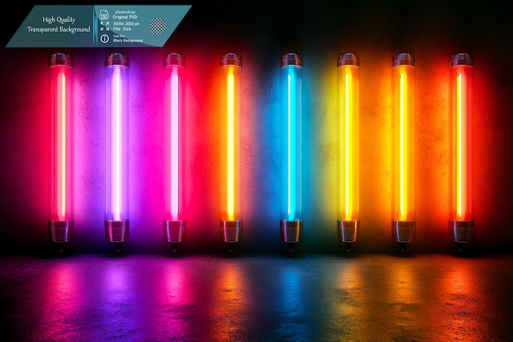 PSD ocho barras de luz de neón verticales cada una de un color diferente sobre un fondo transparente