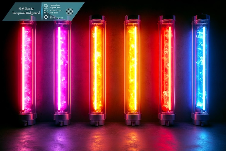 PSD ocho barras de luz de neón verticales cada una de un color diferente sobre un fondo transparente