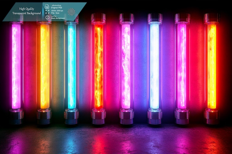 PSD ocho barras de luz de neón verticales cada una de un color diferente sobre un fondo transparente