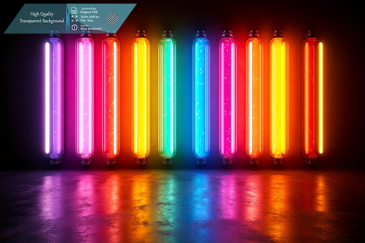 PSD ocho barras de luz de neón verticales cada una de un color diferente sobre un fondo transparente