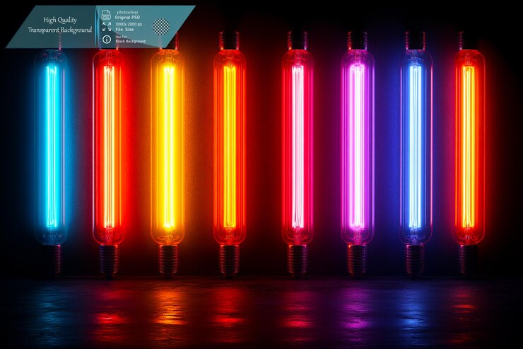 PSD ocho barras de luz de neón verticales cada una de un color diferente sobre un fondo transparente