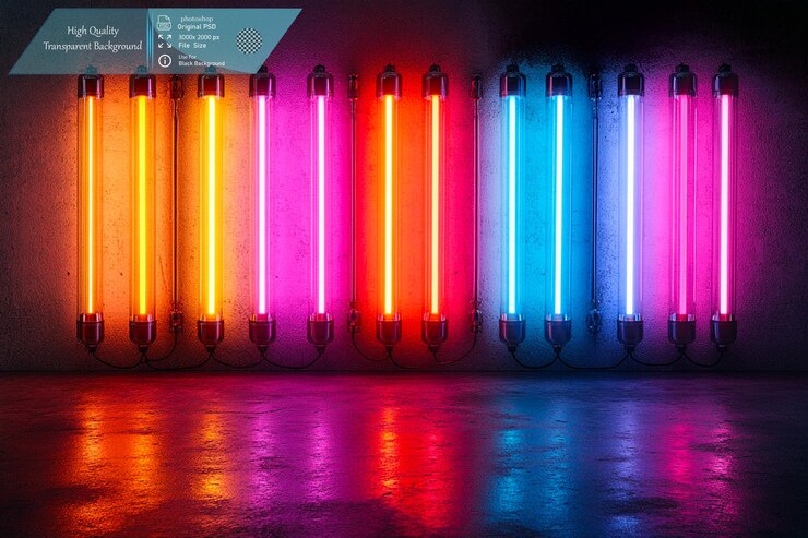 PSD ocho barras de luz de neón verticales cada una de un color diferente sobre un fondo transparente