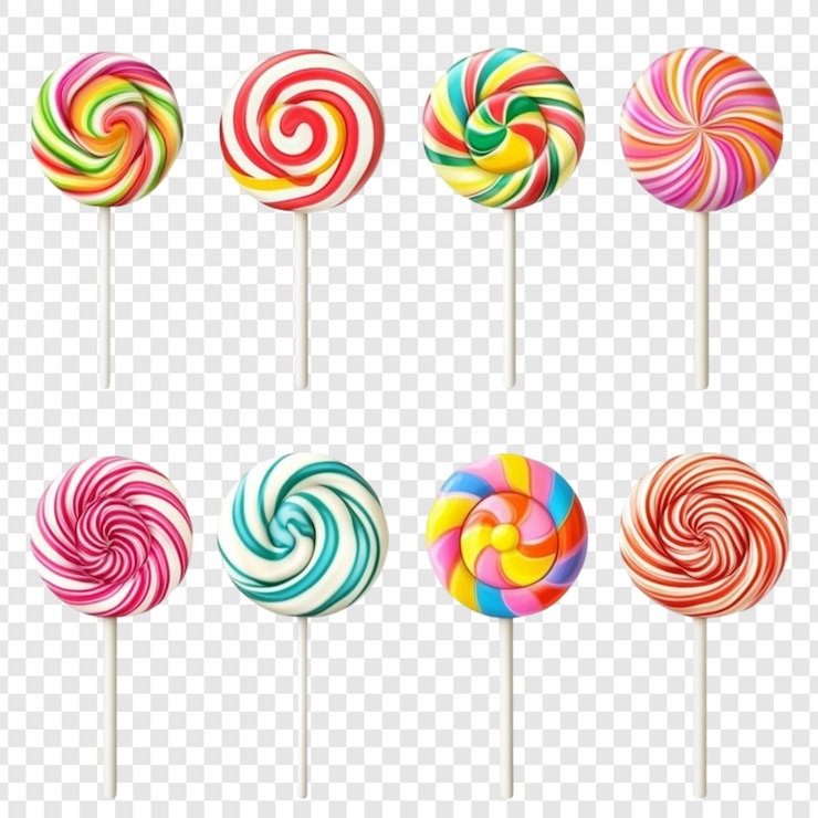 PSD ocho coloridas piruletas giratorias en palos golosinas dulces colección de dulces