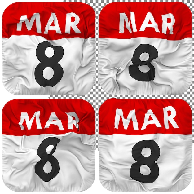 PSD octavo 8 de marzo fecha calendario icono aislado cuatro ondulación estilo bump textura 3d rendering