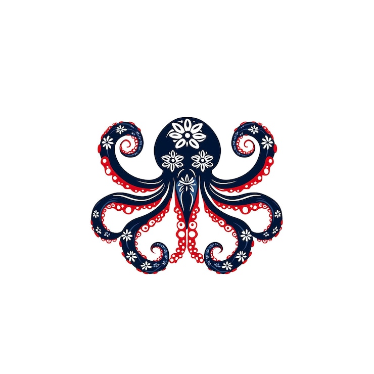 PSD octopus azul-marino e vermelho ornamentado com desenho floral