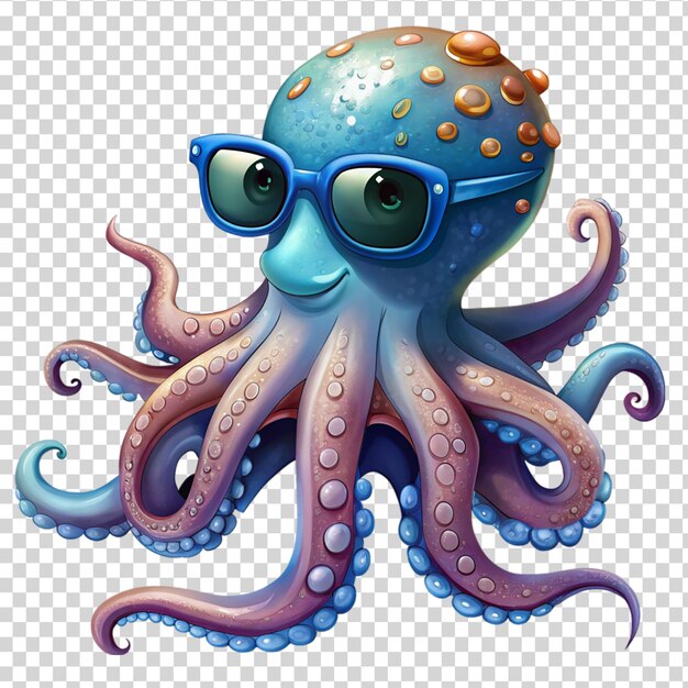 PSD octopus colorido de desenho animado com óculos de sol isolado em fundo transparente
