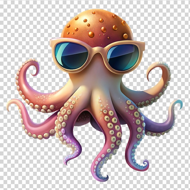 PSD octopus colorido de desenho animado com óculos de sol isolado em fundo transparente