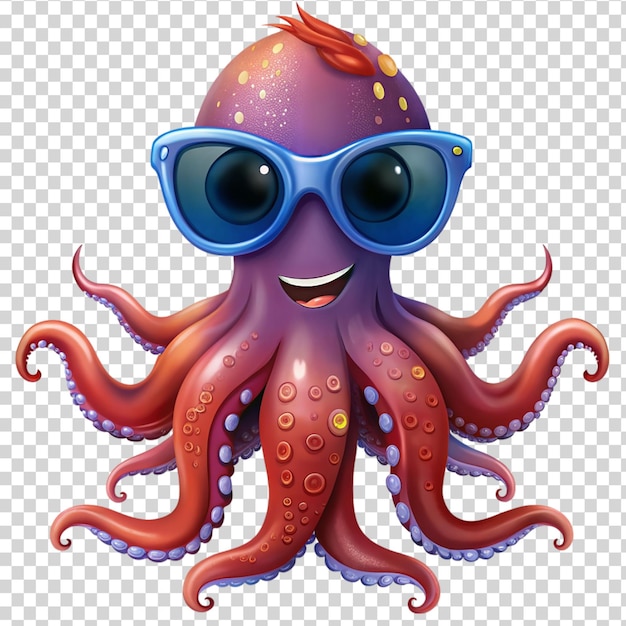 PSD octopus colorido de dibujos animados con gafas de sol aislado en un fondo transparente