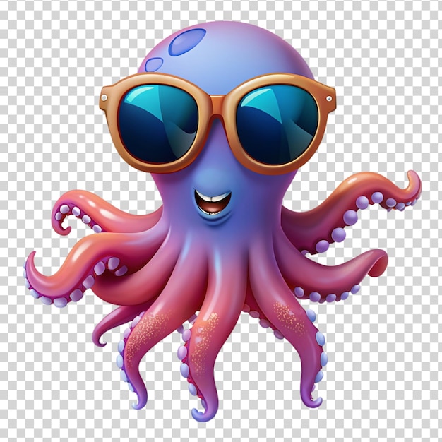 PSD octopus colorido de dibujos animados con gafas de sol aislado en un fondo transparente