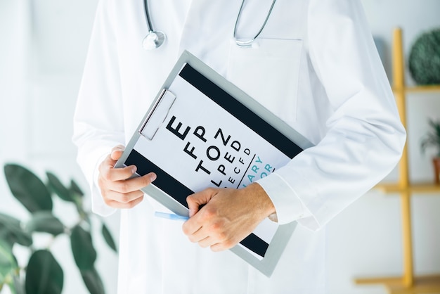 Oculist with eyesight test on clipboard
