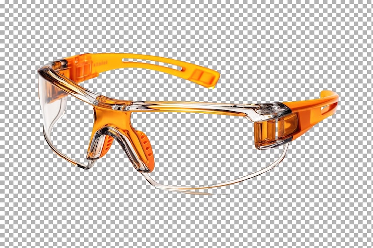 PSD óculos de proteção elegantes com lentes claras e sotaques laranjas vibrantes adequados para atividades ao ar livre e esportes em fundo transparente branco ou png
