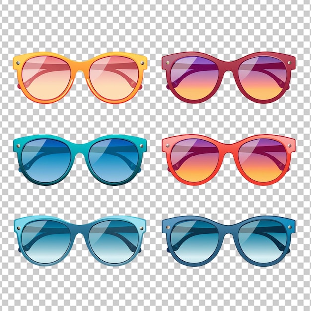 Óculos de sol coloridos de diferentes formas realistas isolados em fundo transparente