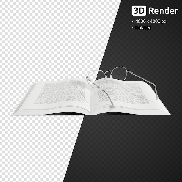 PSD Óculos e livro isolado na renderização 3d de fundo branco