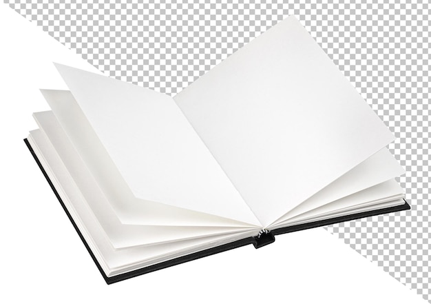 Öffnen Sie das Mock-up des schwarzen Buches, das auf weißem Hintergrund lokalisiert wird