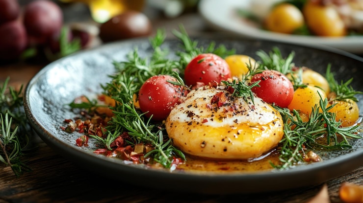 PSD un œuf poché avec des tomates à la cerise au romarin et de l'huile d'olive sur une assiette noire