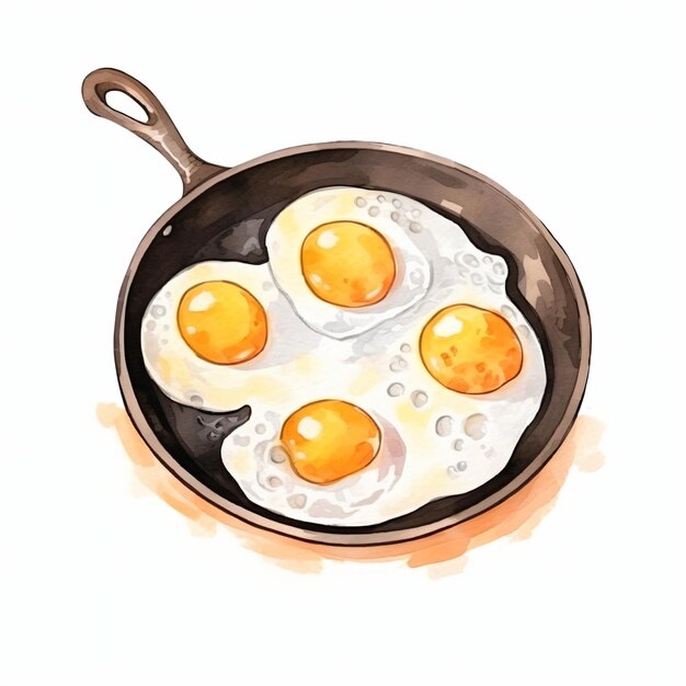 PSD des œufs frits à l'aquarelle dans une poêle à frire