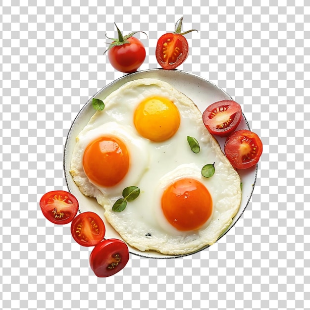 PSD des œufs frits avec des tomates sur une assiette isolée sur un fond transparent