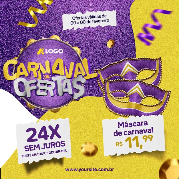 PSD oferecer feed de mídia social de carnaval para vendas de máscaras de carnaval