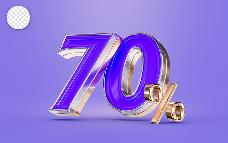PSD oferta de 70 por ciento de descuento número de color púrpura y concepto de representación 3d de fondo para grandes compras